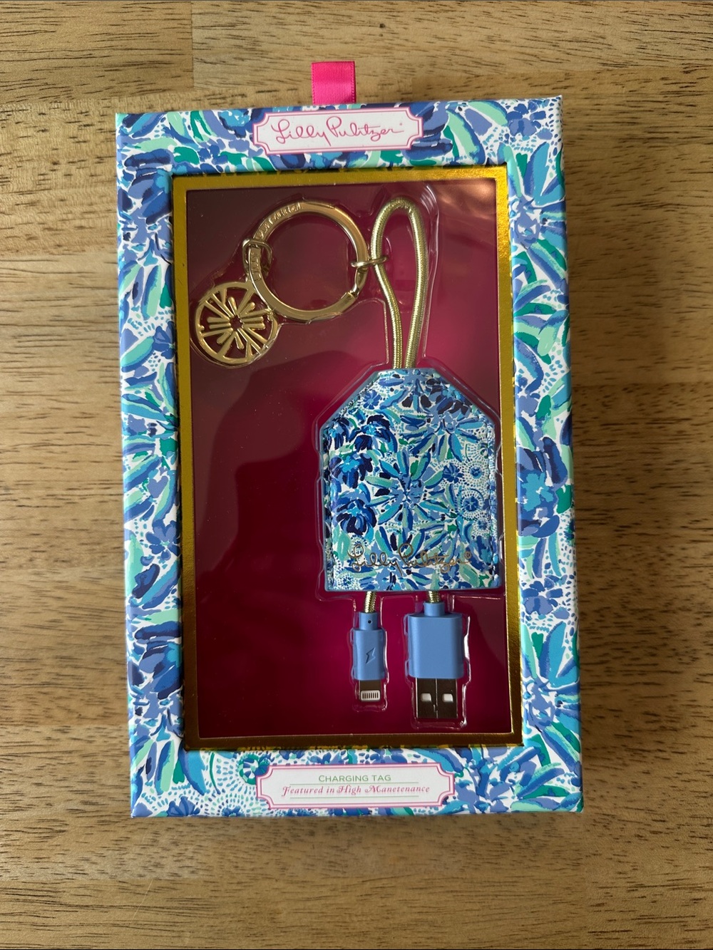 Lilly Pulitzer Blue Floral Gold-Tone Charging Tag Keychain
